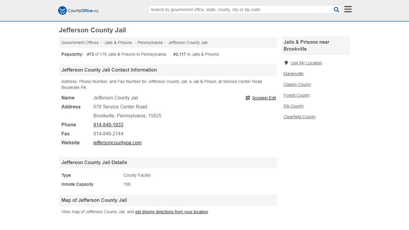 Jefferson County Jail - Brookville, PA (Address, Phone, and Fax)
